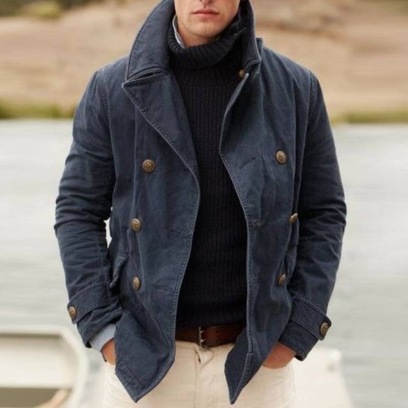 Men's Windproof Fisher Jacket with Double Button Placket and High Collar Lisslune