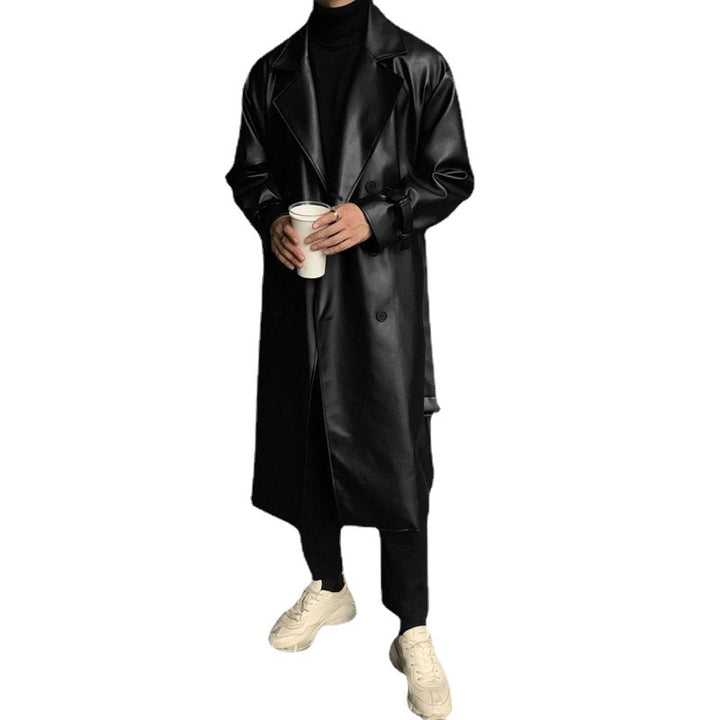 Men's fashionable long trench coat made of high-quality synthetic leather with an elegant cut Lisslune