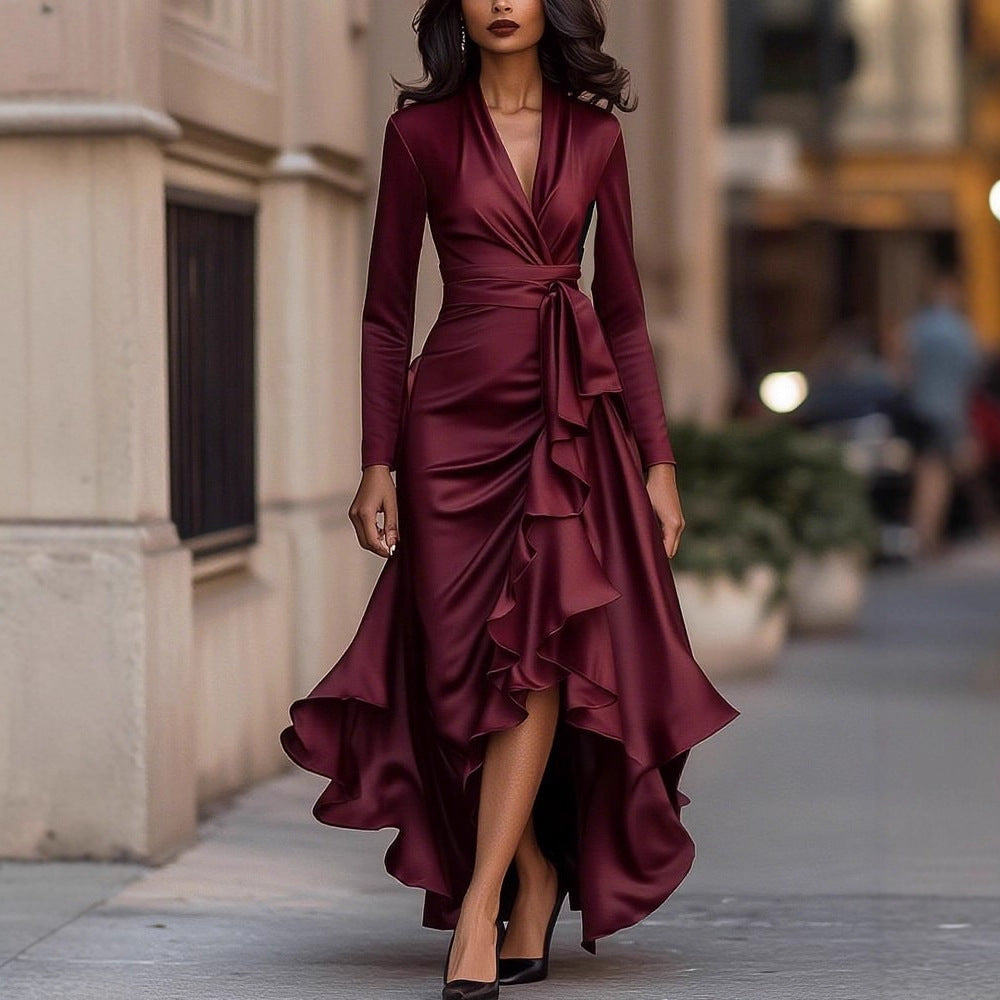 Women Elegant Wrap Dress with Ruffles and High-Low Hem Lisslune