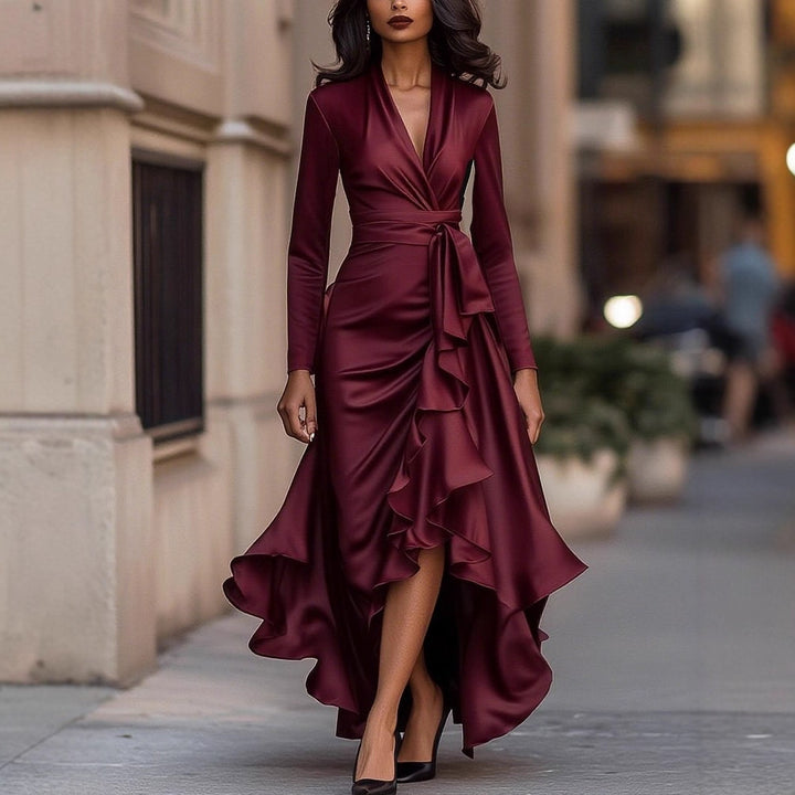 Women Elegant Wrap Dress with Ruffles and High-Low Hem Lisslune