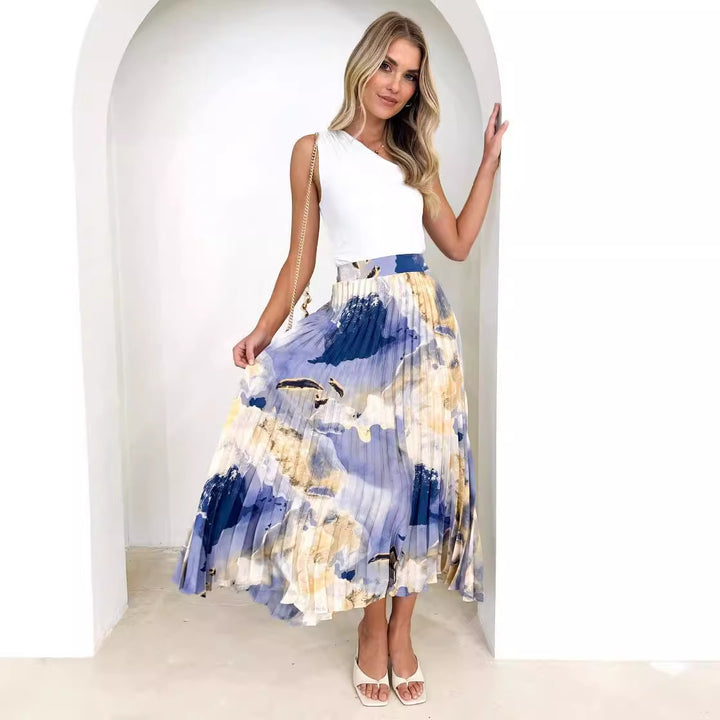 Ladies Elegant Pleated Skirt with Floral Design and Elastic Waistband Lisslune