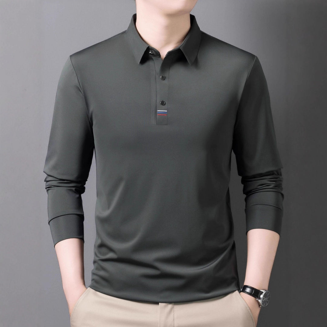 Men's Sporty Long Sleeve Polo Shirt with Elastic Functional Fabric Lisslune
