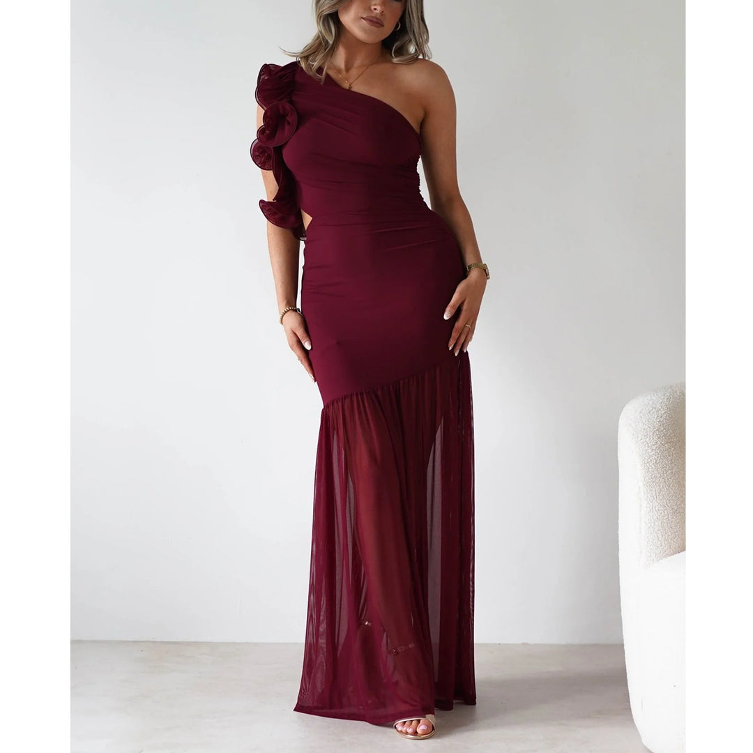 Women’s maxi dress with asymmetric cut and romantic ruffle details Lune London