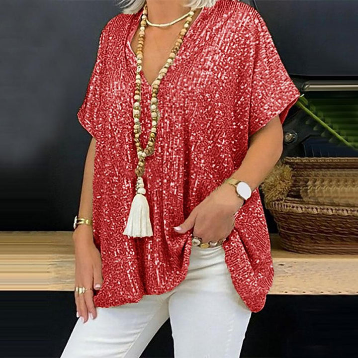 Women Sparkling Sequin Top with Casual Cut and V-Neck Lisslune
