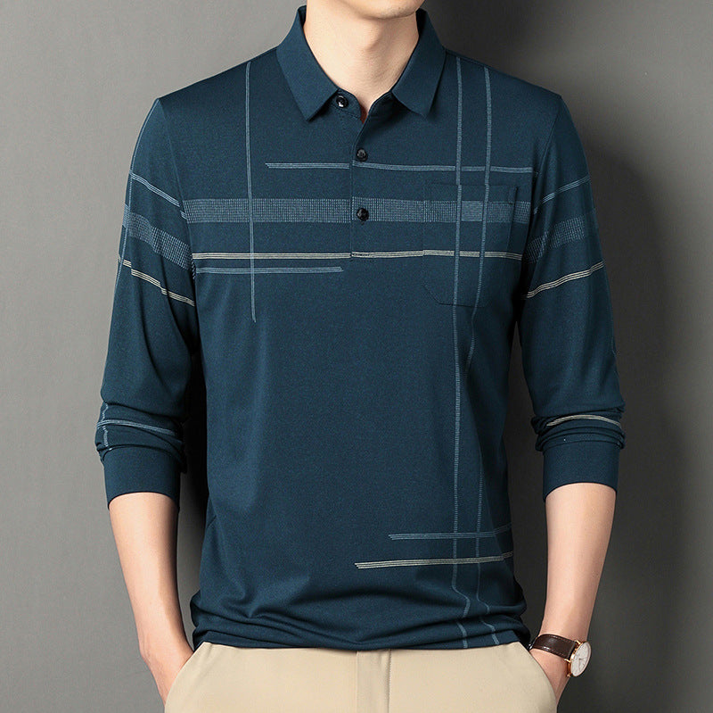 Men's Long Sleeve Polo Shirt with Modern Pattern Lisslune