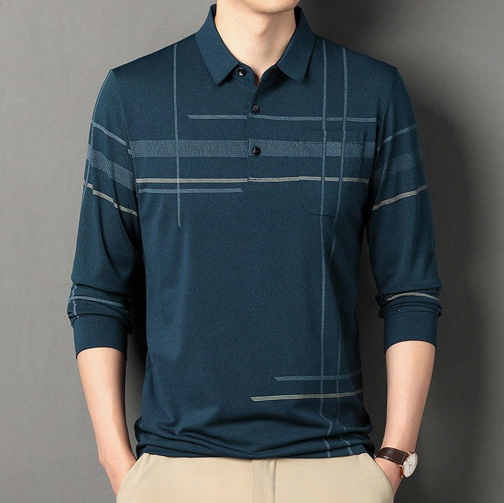 Men's Long Sleeve Polo Shirt with Modern Pattern Lisslune