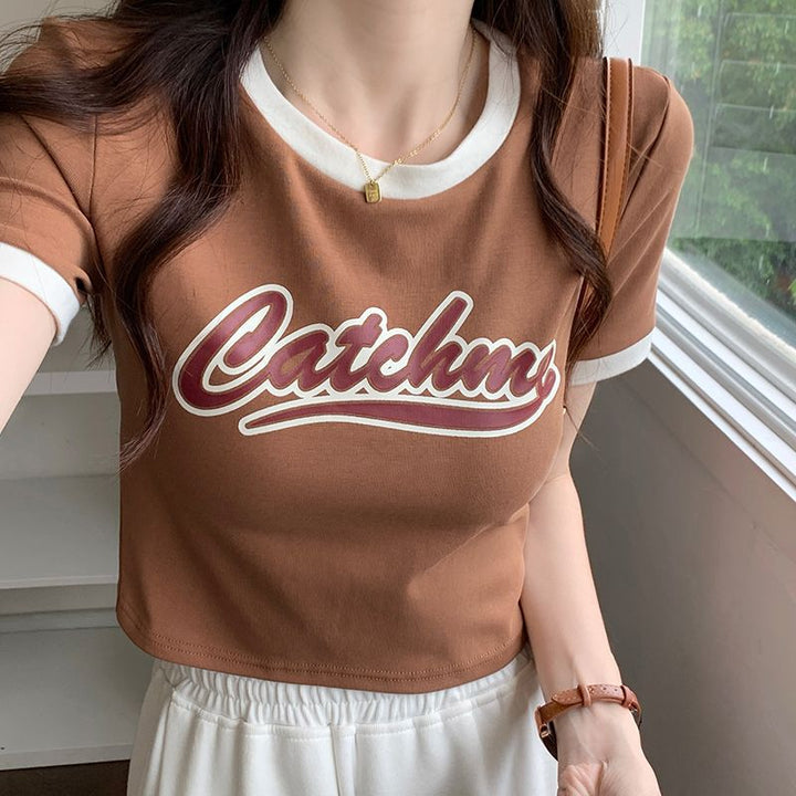 Women’s Casual Crop Top with Contrasting Sleeves and Creative Print Lisslune