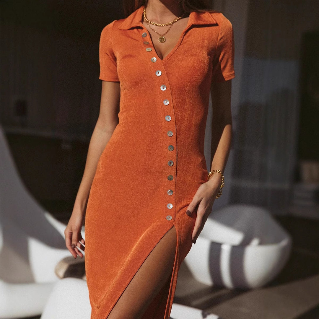 Women's dress with sophisticated V-neck and button details Lune London