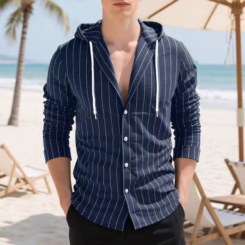 Men's casual knitted shirt with hood and striped pattern Lisslune