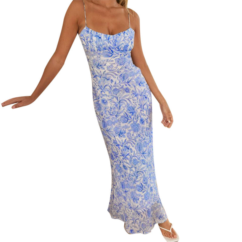 Ladies max dress with fine floral pattern and delicate spaghetti straps