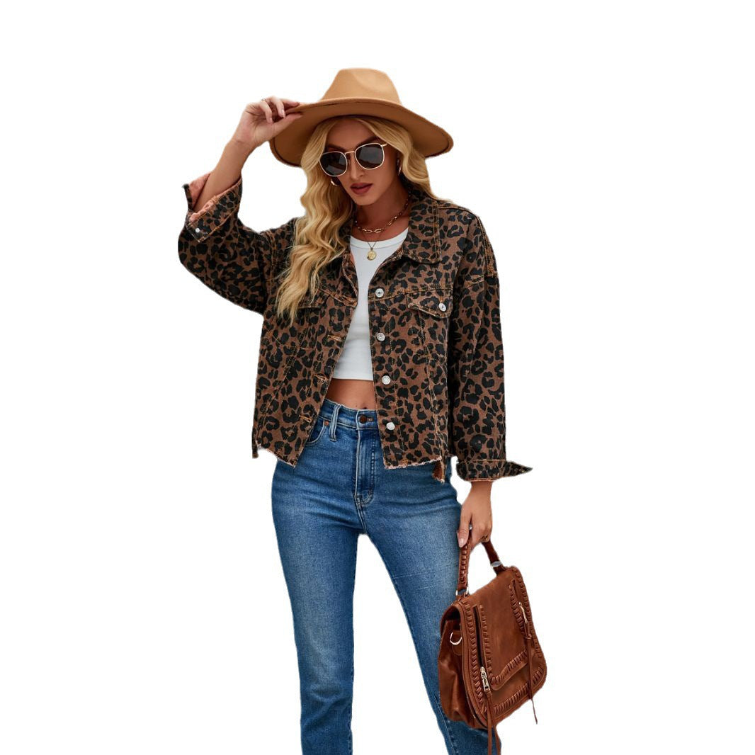 Ladies Checkered Denim Jacket in trendy Leopard Pattern with modern cut