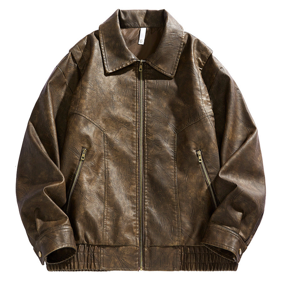 Men's cropped leather jacket with elastic waistband and Lisslune pockets