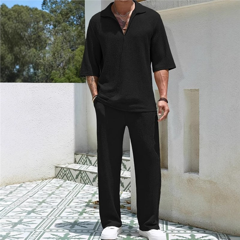 Men's casual leisure set with textured top and wide-cut trousers Lisslune