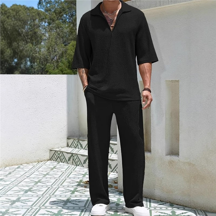 Men's casual leisure set with textured top and wide-cut trousers Lisslune