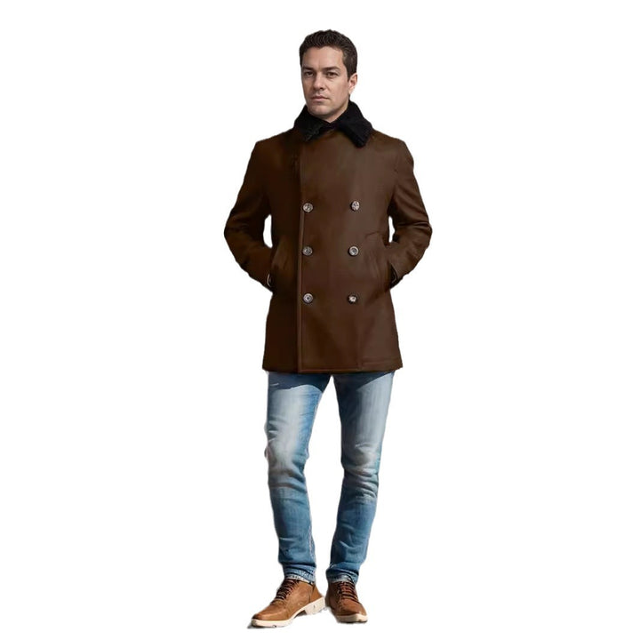 Men's fashionable double-breasted wool coat with teddy fur collar Lisslune