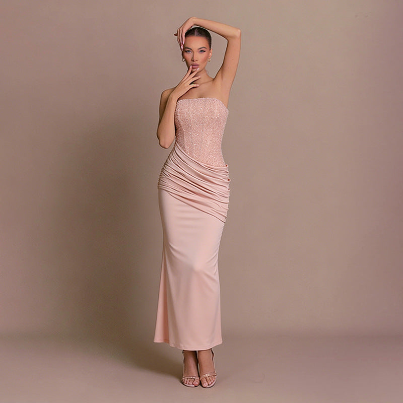Women Elegant Long Evening Dress with Figure-Flattering Ruffle Design and Shimmering Sequins