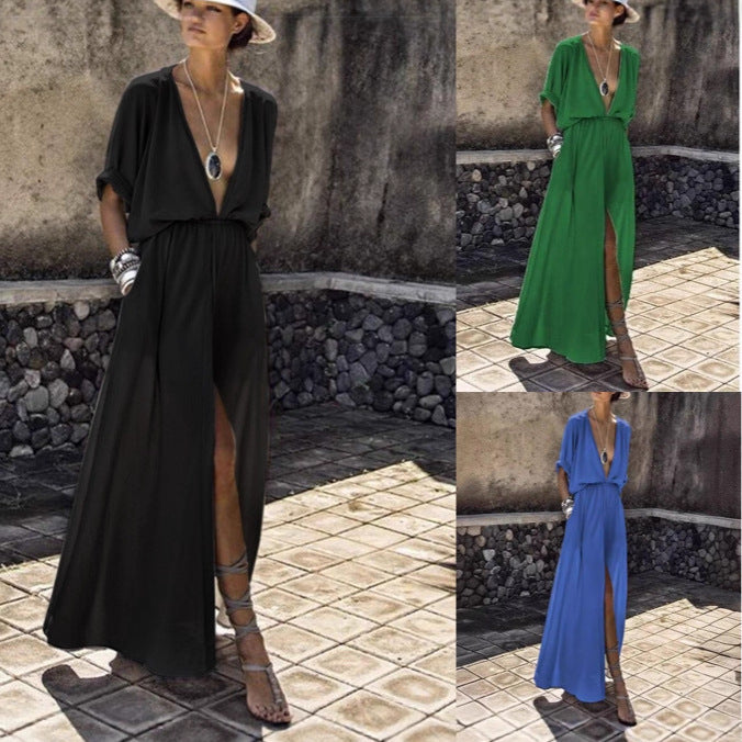 Women's Elegant Maxi Dress with Deep V-Neck and High Slit Lisslune