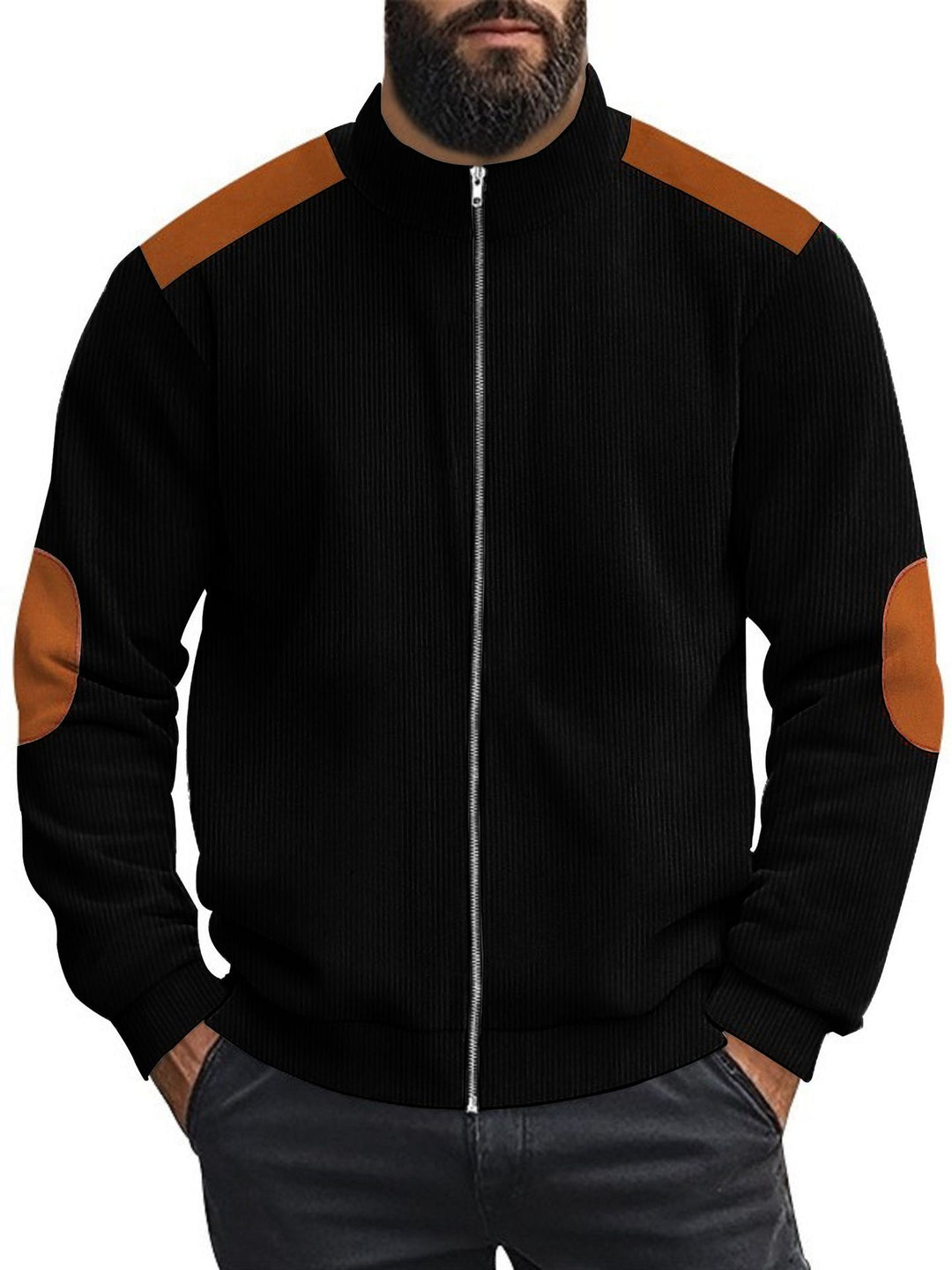 Men's cardigan with modern leather accents and high closed collar Lisslune