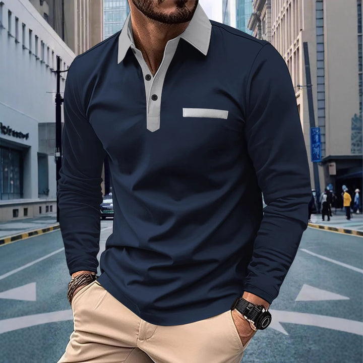 Men's long sleeve polo shirt with modern stand-up collar and sophisticated contrast design Lisslune