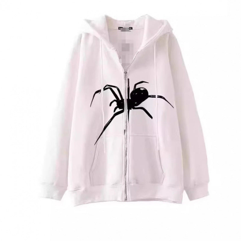 Women's hooded jacket with creative spider motif and practical zipper Lisslune
