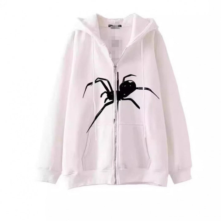 Women's hooded jacket with creative spider motif and practical zipper Lisslune