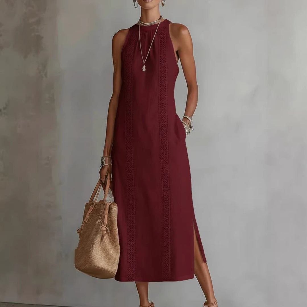 Damen Elegantes Sommer-Maxi-Kleid mit Spitzenapplikation und seitlichem Schlitz Lisslune