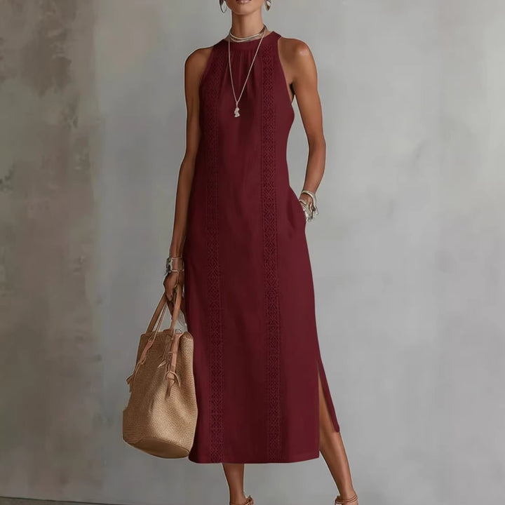 Damen Elegantes Sommer-Maxi-Kleid mit Spitzenapplikation und seitlichem Schlitz Lisslune