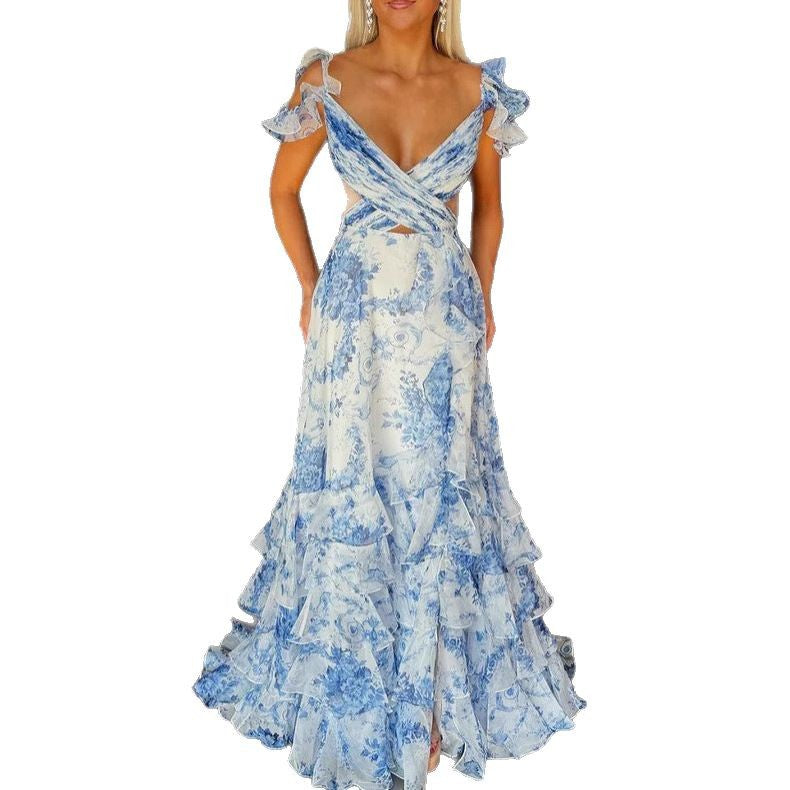 Women's Romantic Maxi Dress with Ruffle Details and Floral Design Lisslune