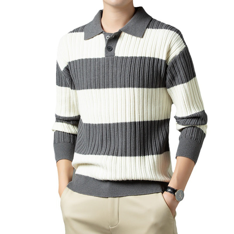 Men's Pullover with Textured Striped Pattern and Fashionable Collar Lisslune