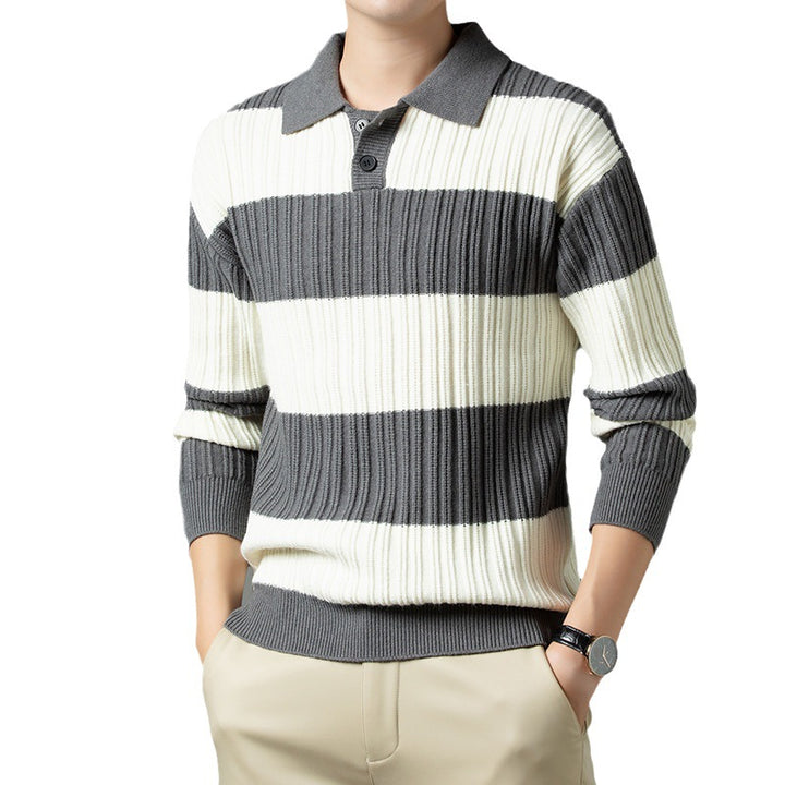 Men's Pullover with Textured Striped Pattern and Fashionable Collar Lisslune