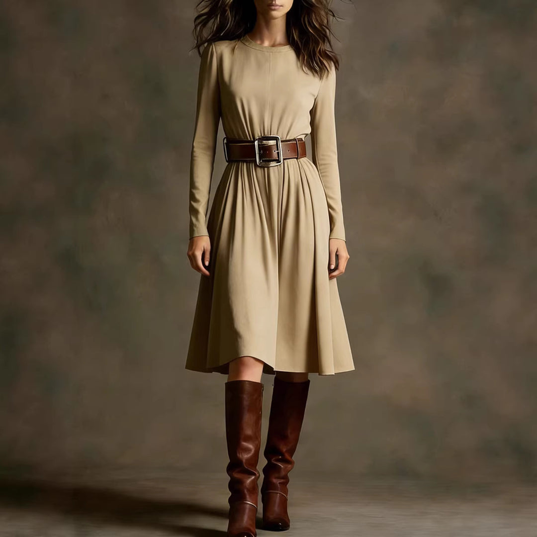 Women Elegant Dress with Long Sleeve and Waist Belt Lisslune
