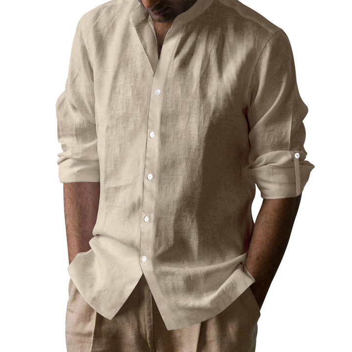 Men's Elegant Linen Shirt with Stand Collar and Button Details Lisslune
