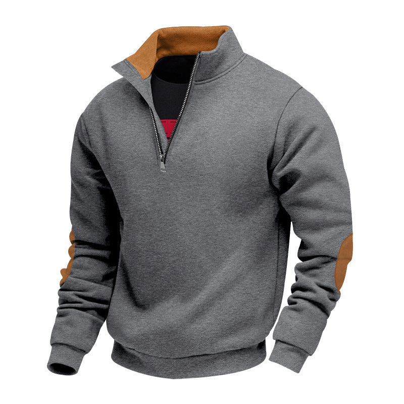 Men's Sporty Stand Collar Sweater with Zipper and Leather Accents Lisslune