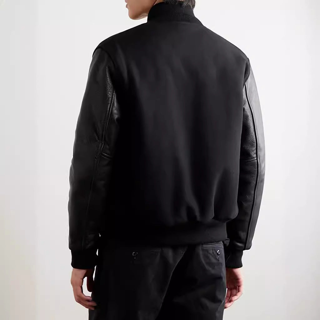 Men's stylish college jacket with leather sleeves Lisslune