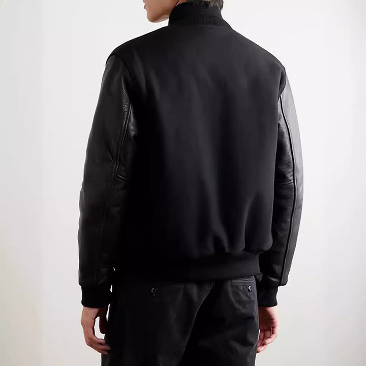 Men's stylish college jacket with leather sleeves Lisslune