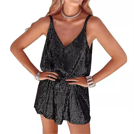 Women's Shimmering Jumpsuit with Deep V-Neck and Elastic Waist Lisslune