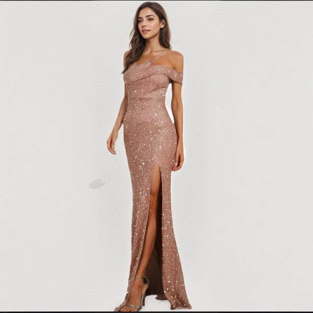 Ladies glittering evening dress with wrap look and high slit