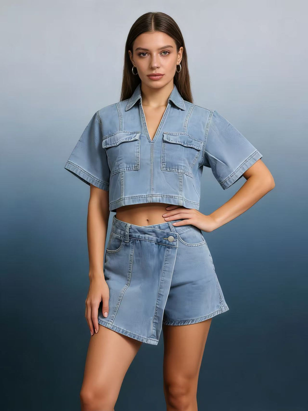 Women's fashionable cropped shirt with patch pockets and casual shorts Lisslune