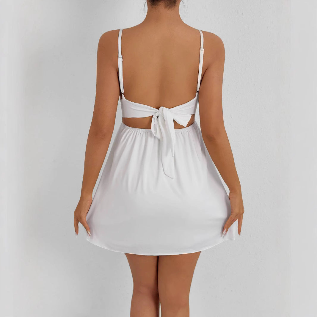 Damen Sommerliches V-Ausschnitt Kleid mit verstellbaren Spaghetti-Trägern und elastischer Taille Lisslune