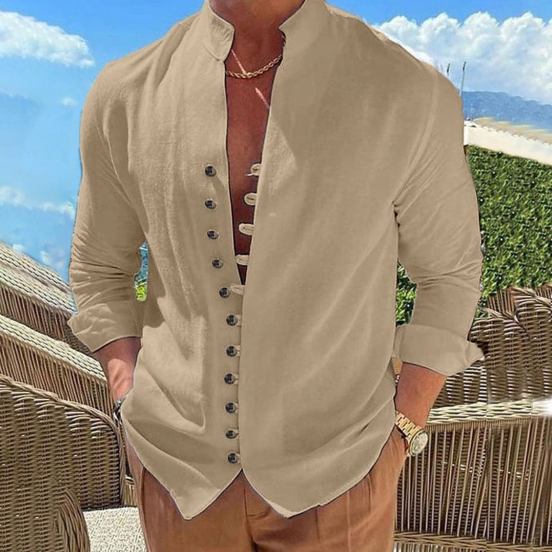 Men's casual long sleeve shirt with stand-up collar and full button placket Lisslune