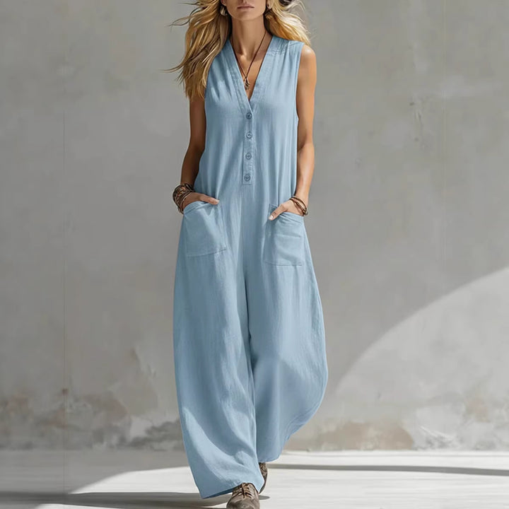 Damen Jumpsuit mit tiefem V-Ausschnitt und praktischen Taschen Lisslune