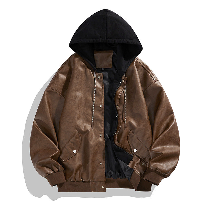 Men's Casual Synthetic Leather Jacket with Hood and Elastic Cuffs Lisslune