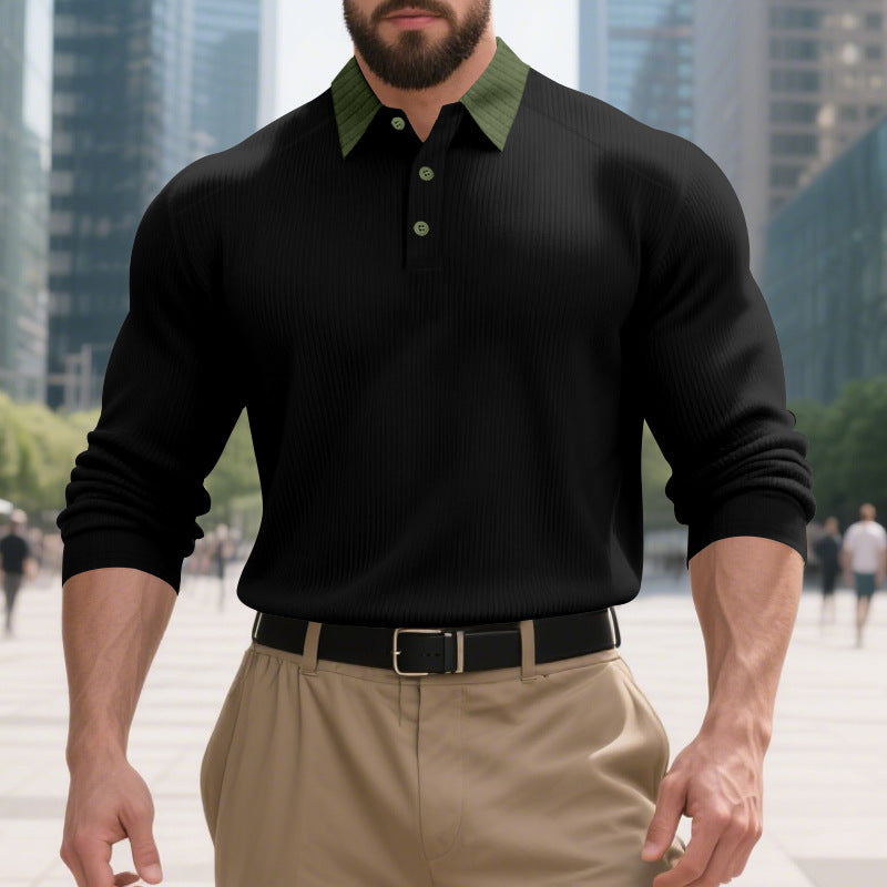 Men's long sleeve polo shirt with textured collar and decorative button closure Lisslune