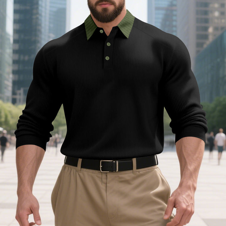Men's long sleeve polo shirt with textured collar and decorative button closure Lisslune