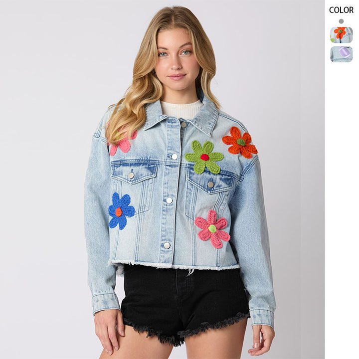Women's cropped denim jacket with colorful football patches and casual cut Lisslune