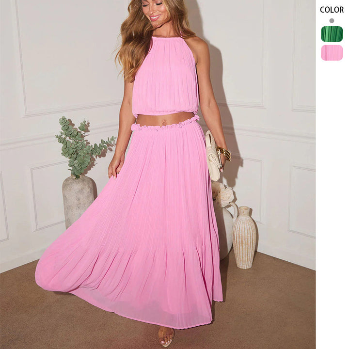 Women's Pleated Two-Piece Set with Crop Top and Elegant Maxi Skirt Lisslune