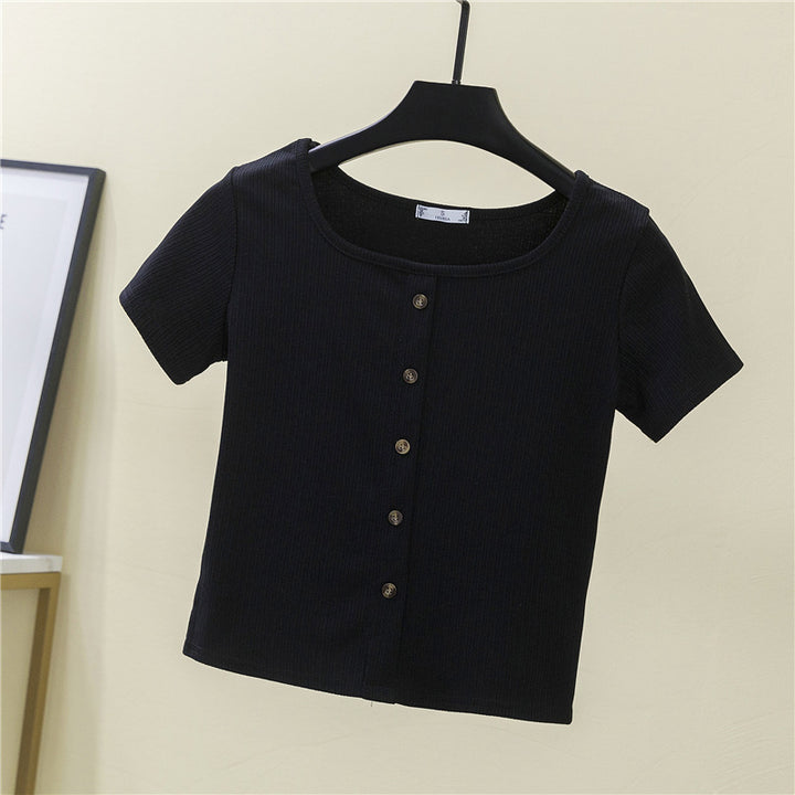 Women's short-sleeve shirt with decorative button placket and modern ribbed knit Lisslune