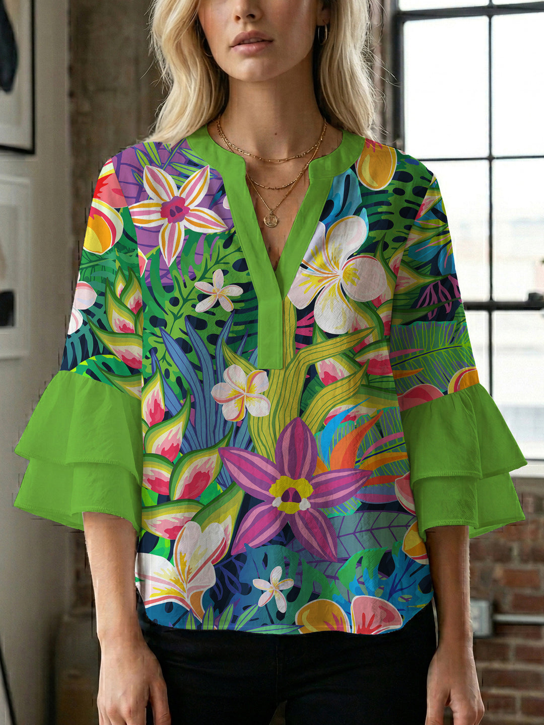 Women's blouse shirt with voluminous sleeves and floral pattern Lisslune