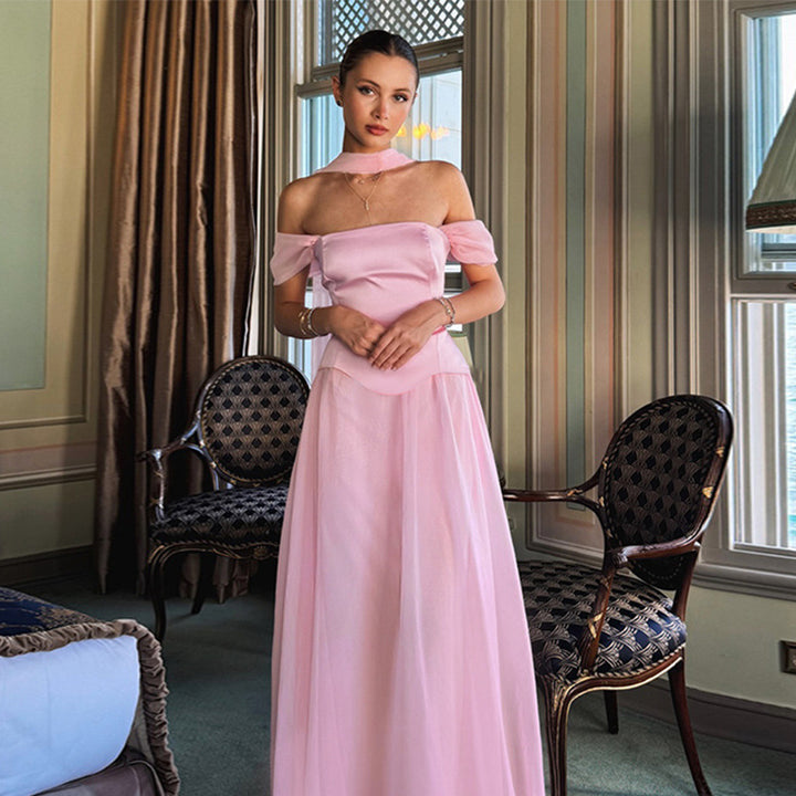 Women's Elegant Evening Dress with Off-Shoulder Puff Sleeves and Choker