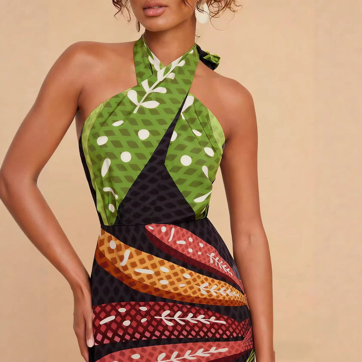 Ladies Halterneck Maxi Dress with Colorful Leaf Design and Flared Cut